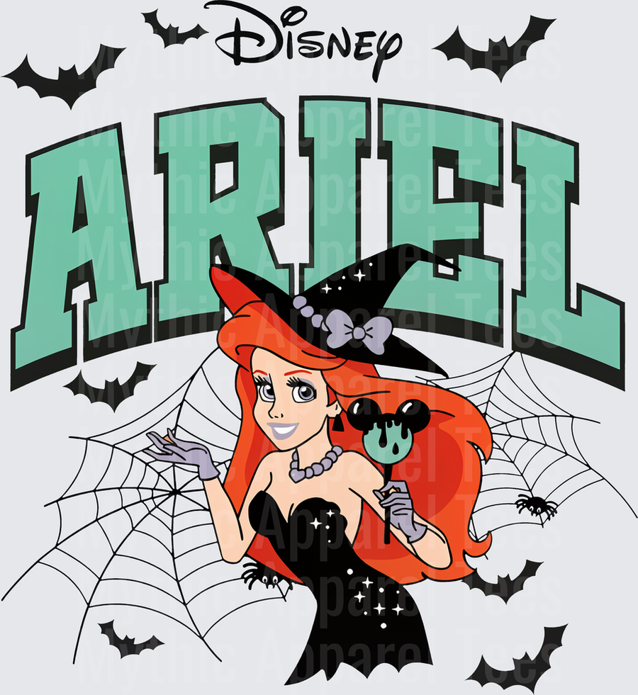 Disney Ariel Little Mermaid Halloween Witch Black Dress Spider Web Bats Collegiate Arch