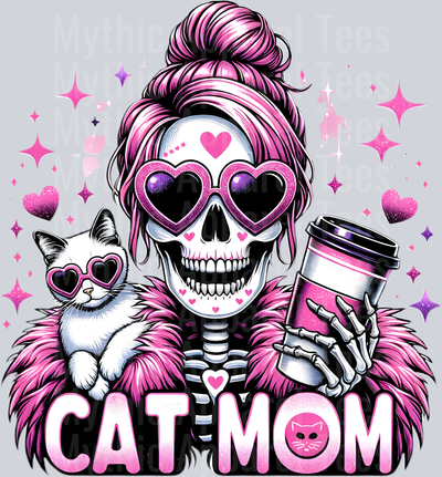 Cat mom pink heart glasses and coffee DTF Skull Transfers