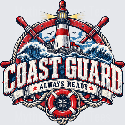 Coast Guard Always Ready Nautical Ship Wheel Lighthouse Ocean Waves Life Ring Compass Rose Rope Badge Design