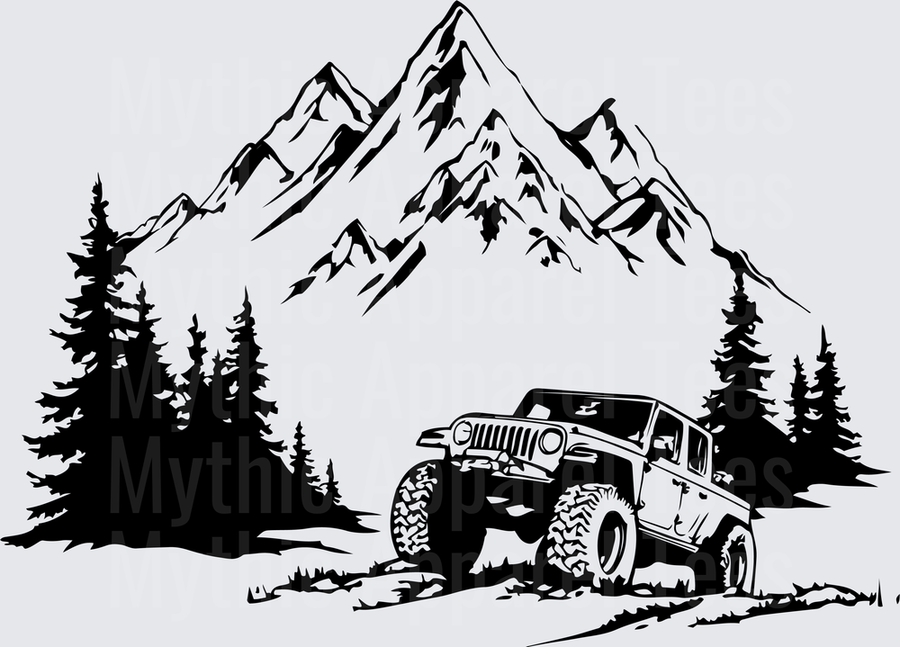 Off Road Jeep Wrangler Mountain Trail Pine Tree Scene