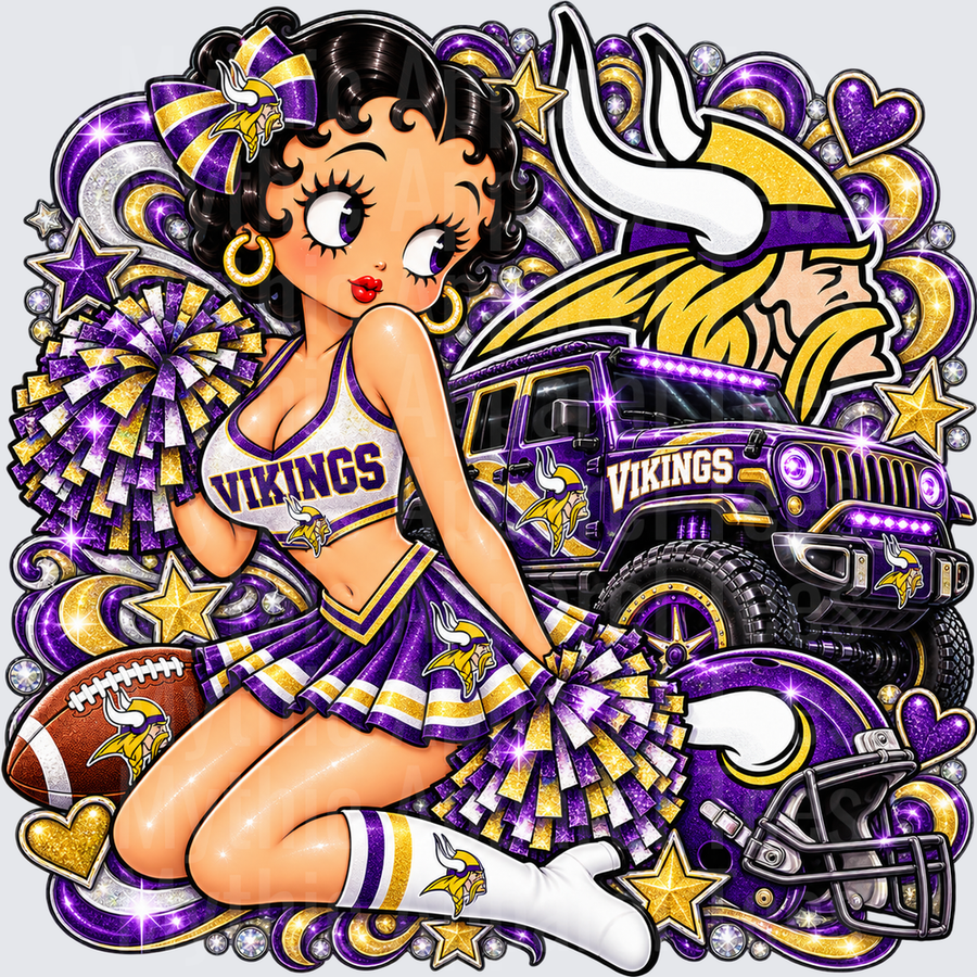 Betty Boop Minnesota Vikings Cheerleader with Purple and Gold Jeep Football Glam Design