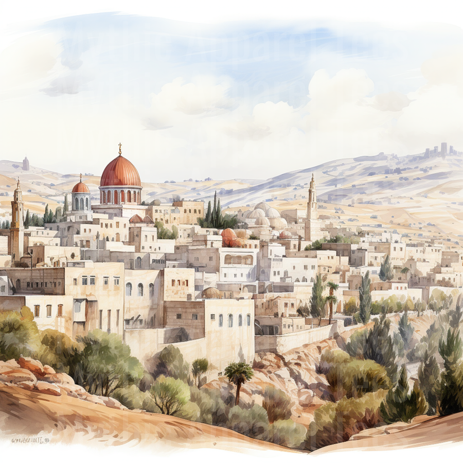 Nativity Jerusalem Holy City Watercolor Skyline with Domes
