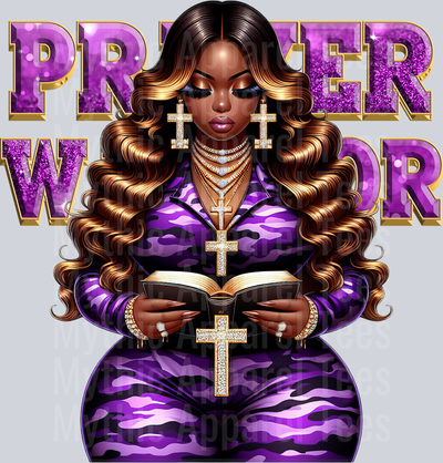 Girl with open bible 5 cross PW Purple Prayer Warrior DTF Religious Transfers