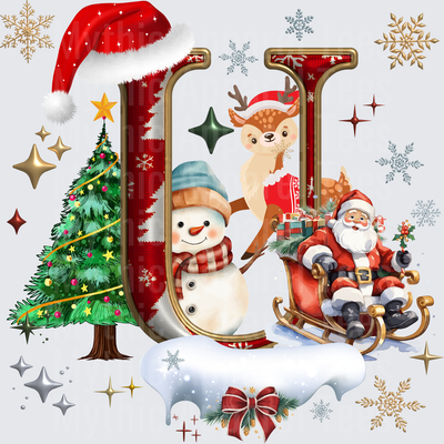Christmas Letter U with Santa Sleigh Snowman Reindeer and Decorated Tree Holiday Monogram