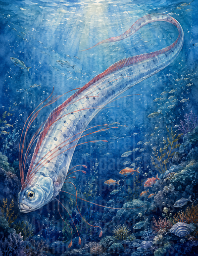 Ocean Animals Giant Oarfish Deep Sea Watercolor Painting
