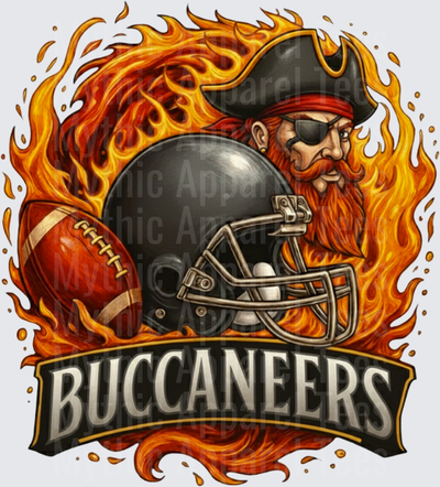 Buccaneers Flaming Pirate Football Helmet and Ball Fierce Redbeard Mascot Design