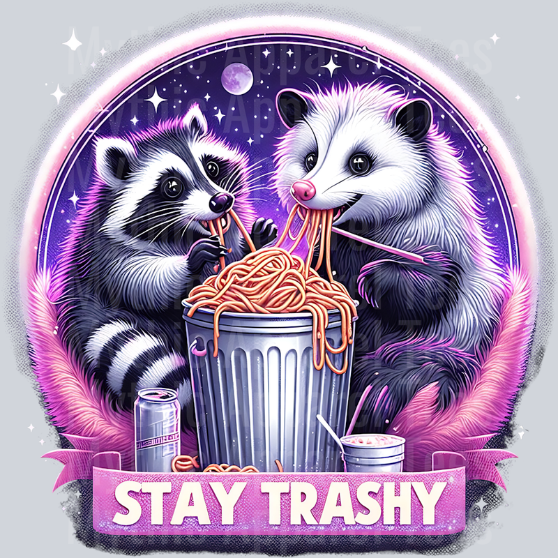 Stay Trashy spaghetti trash can DTF Racoon Transfers