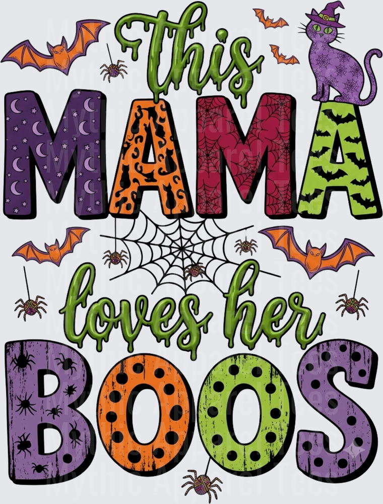 This Mama Loves Her Boos Halloween Patterned Letters with Bats Spiders and Witch Cat