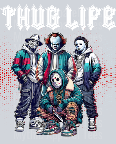 White pointy letters red dots THUG LIFE Freddy Krueger Jason Vorhees Michael Myers Pennywise Gangster Pose Horror Movie DTF Thug Life Transfers