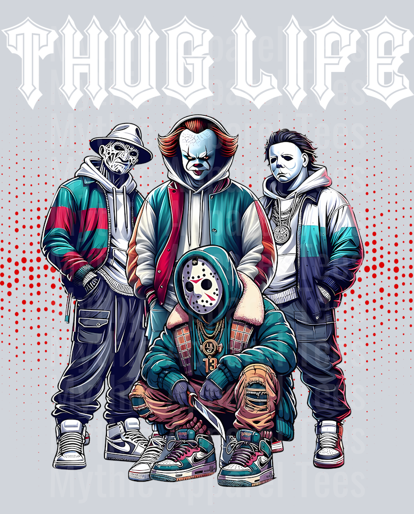 White pointy letters red dots THUG LIFE Freddy Krueger Jason Vorhees Michael Myers Pennywise Gangster Pose Horror Movie DTF Thug Life Transfers