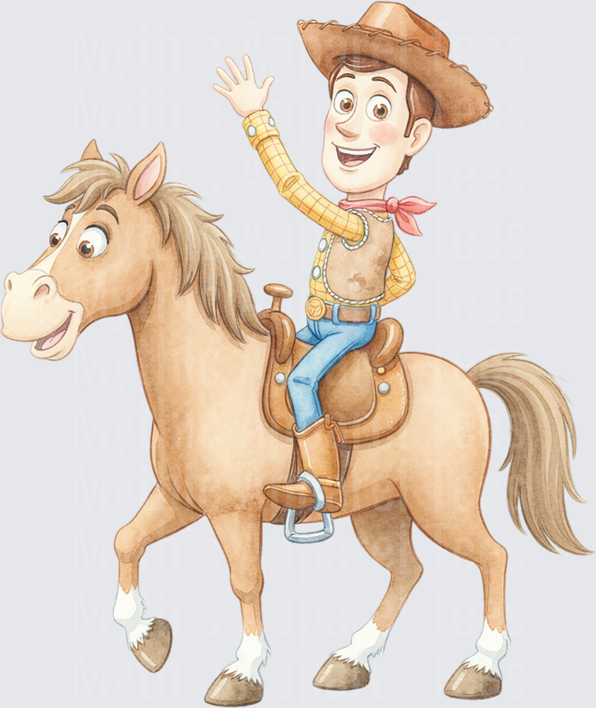 Toy Story 5 Woody Riding Bullseye Waving Watercolor Art