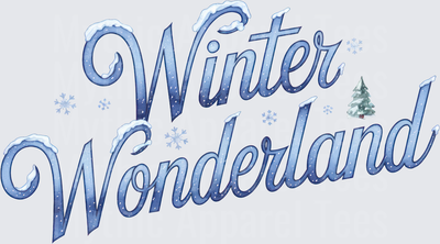 Winter Wonderland Snow-Capped Script Lettering with Snowflakes and Evergreen Tree