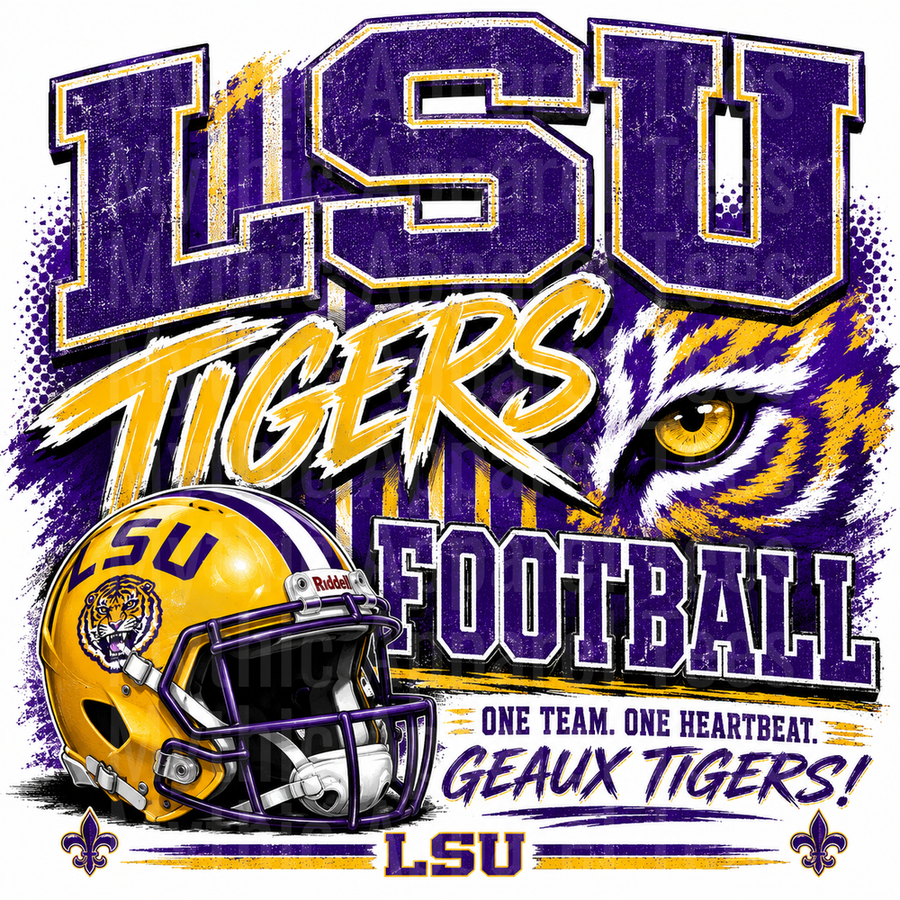 LSU Tigers Football One Team One Heartbeat Geaux Tigers Purple Gold Helmet Tiger Eye Fleur de Lis