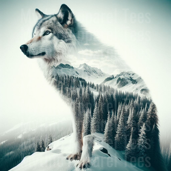 Gray Wolf Double Exposure Snowy Mountain Pine Forest Winter Wilderness