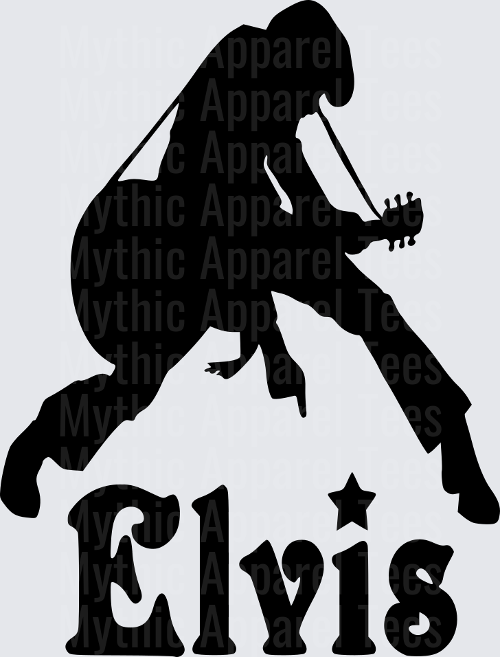 Elvis Presley Guitar Playing Silhouette with Bold Name and Star Graphic