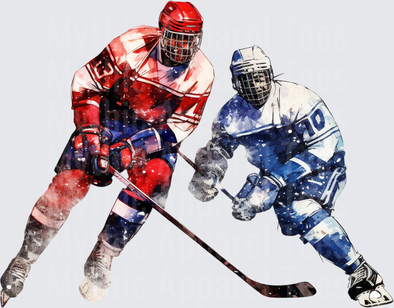 Ice Hockey Players Red vs Blue Watercolor Battle Art