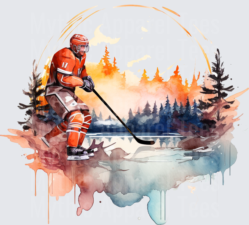 Ice Hockey Player Number 17 Watercolor Sunset Forest Rink