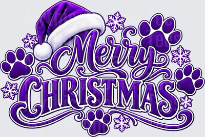 Merry Christmas Purple Santa Hat Paw Prints Snowflakes Script Lettering