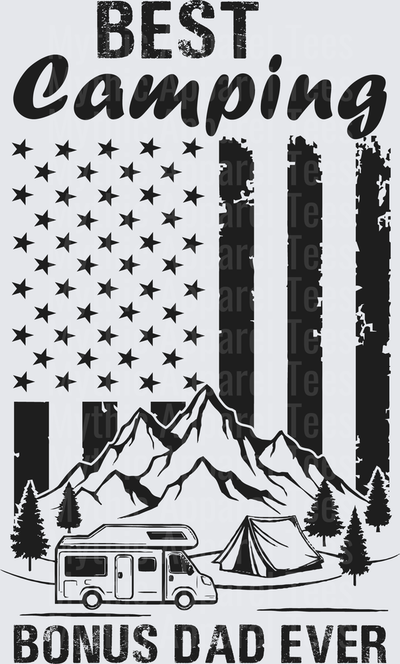 Best Camping Bonus Dad Ever Distressed American Flag Mountains RV Tent Trees Patriotic Outdoors Design