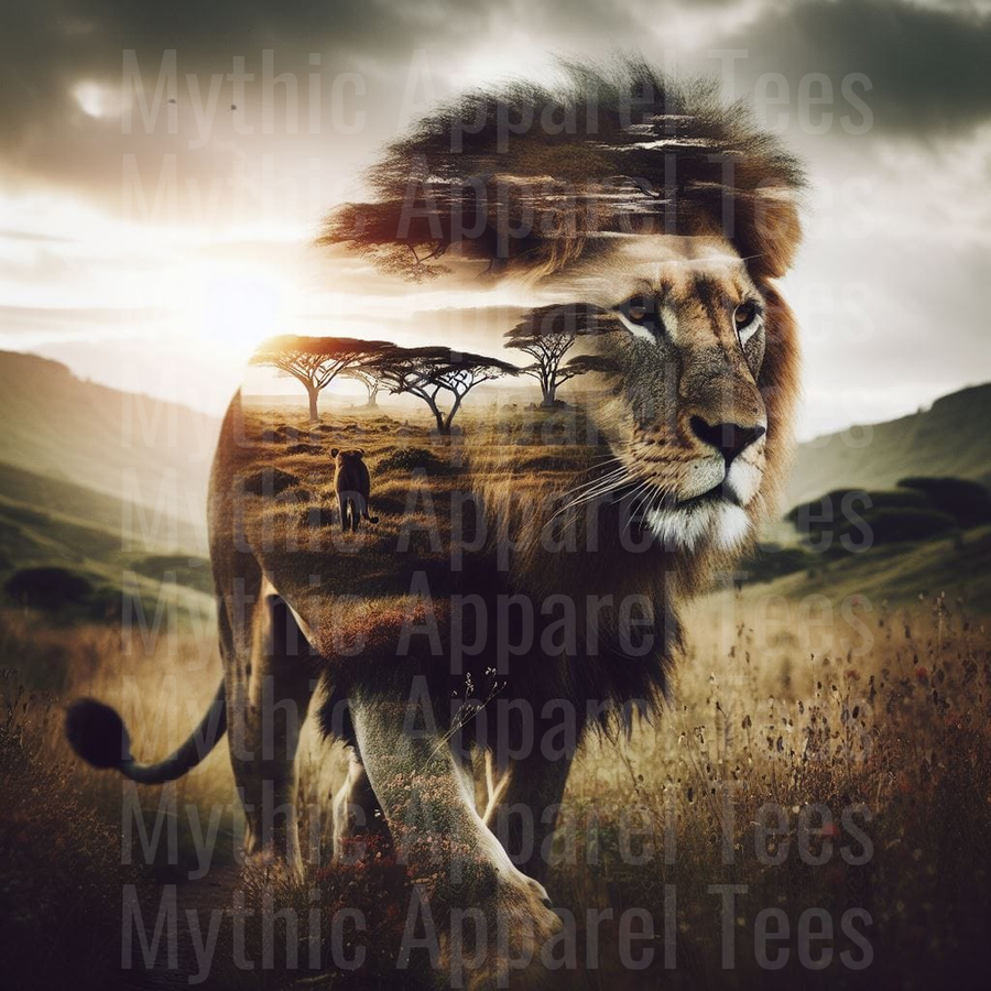 Majestic Lion Double Exposure African Savanna Acacia Trees Sunset Wildlife Portrait