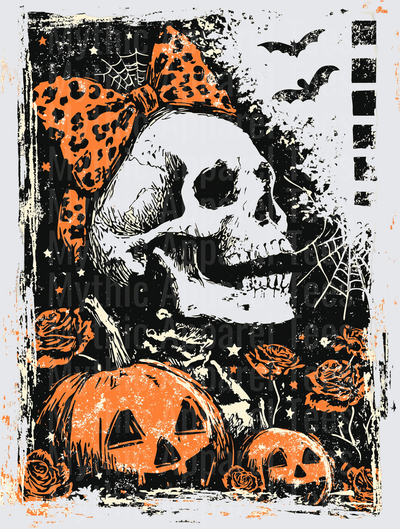Distressed Halloween Skull with Leopard Print Bow Jack-O-Lanterns Roses and Bats Grunge Design