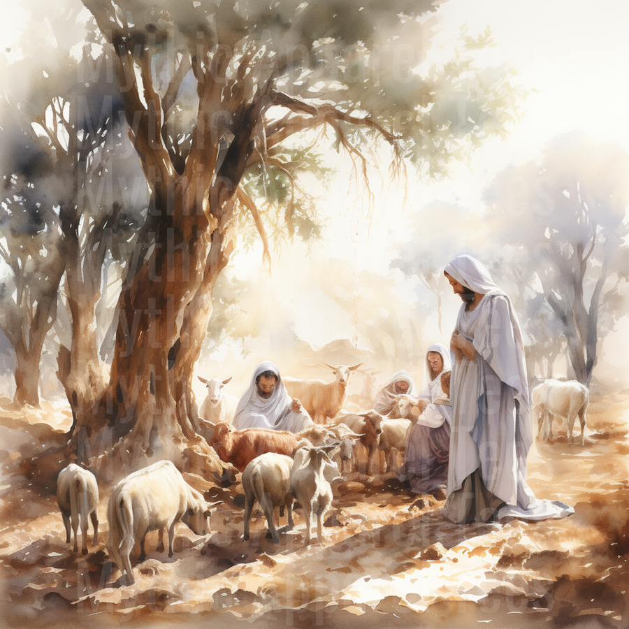 Nativity Jesus Good Shepherd Flock Watercolor Biblical Scene