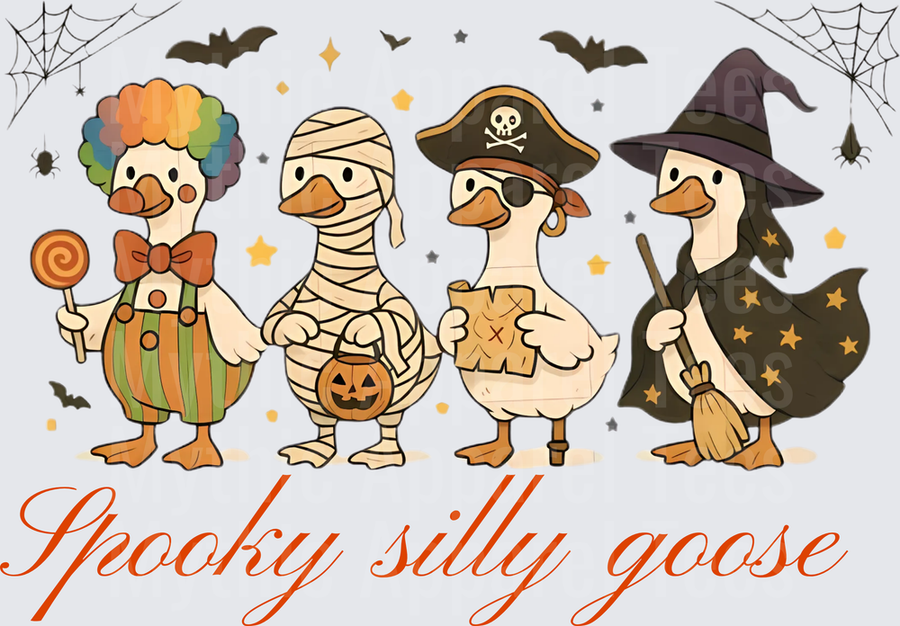 Spooky Silly Goose Halloween Costume Squad Clown Mummy Pirate Witch Geese with Bats and Spiderwebs