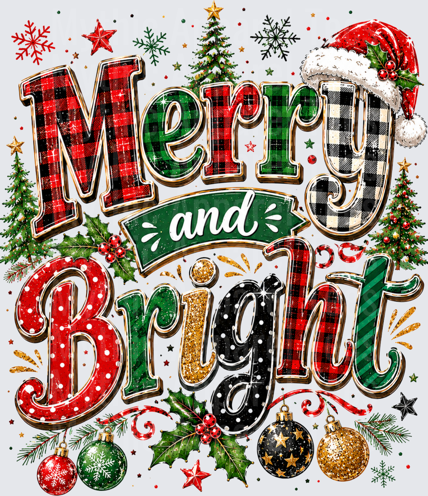 Merry and Bright Buffalo Plaid Holiday Typography with Santa Hat Christmas Trees Holly and Ornaments