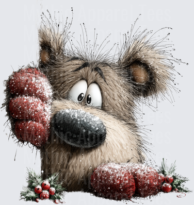 Fluffy Cartoon Dog Peeking With Snow-Covered Red Mittens and Holly Berries Winter Scene