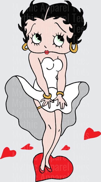 Betty Boop Marilyn Monroe White Dress Wind Blown Pose Standing on Red Heart with Scattered Hearts