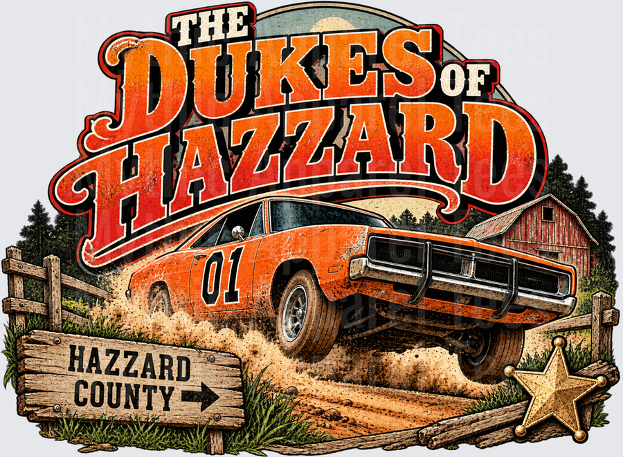 The Dukes of Hazzard General Lee 01 Dodge Charger Jumping Dirt Road Hazzard County Sign Sheriff Star Badge Vintage Rural Scene