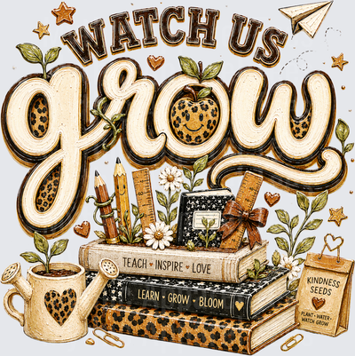 Watch Us Grow Teacher Leopard Print Apple Books Teach Inspire Love Learn Grow Bloom Kindness Seeds Boho School