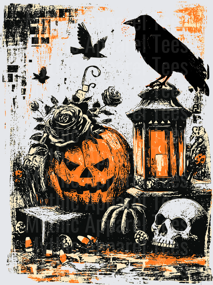 Distressed Halloween Raven on Lantern with Jack-o-Lantern Skull Roses and Flying Crows Grunge Scene