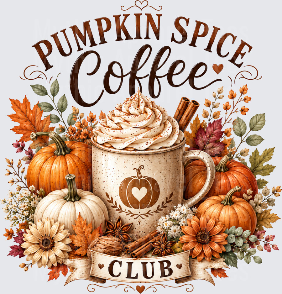 Pumpkin Spice Coffee Club Fall Harvest Mug with Whipped Cream Cinnamon Sticks Pumpkins and Autumn Florals