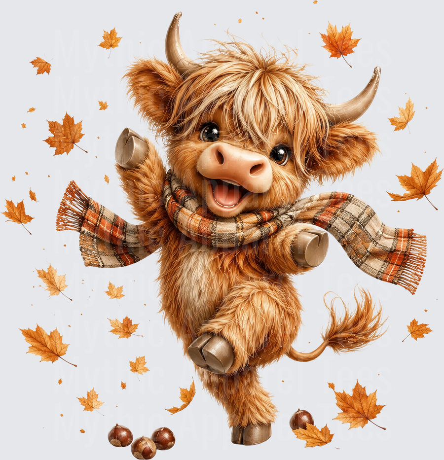 Cute Baby Highland Cow Dancing in Autumn Leaves with Plaid Scarf and Acorns