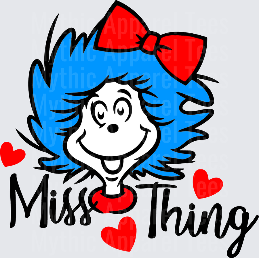 Dr. Seuss Miss Thing Blue Hair Red Bow Character Face with Hearts