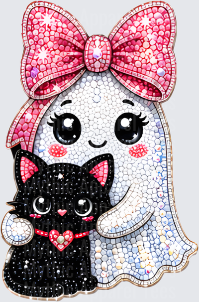 Halloween Bling Cute Ghost Girl with Pink Bow Hugging Black Kitten Diamond Art Mosaic Design