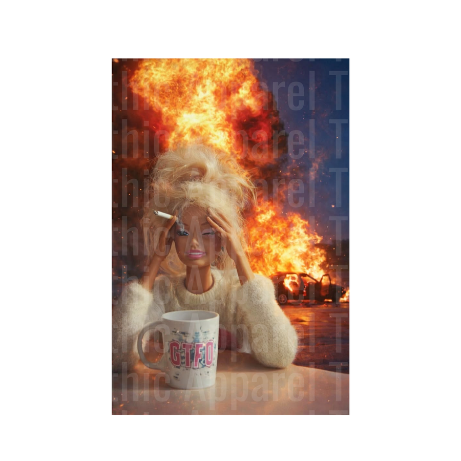 Ratchet Barbies Stressed Doll Smoking with GTFO Mug Car Fire