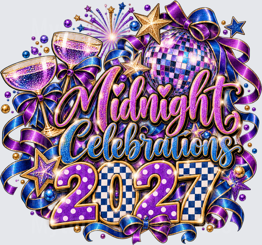 Midnight Celebrations 2027 New Year Glitter Purple Gold Disco Ball Champagne Fireworks Stars Ribbons