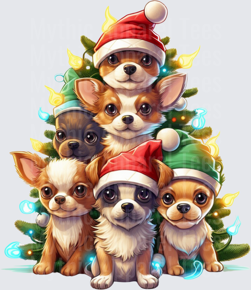 Cute Chihuahua Puppy Stack Christmas Tree with Santa and Elf Hats Colorful Holiday Lights