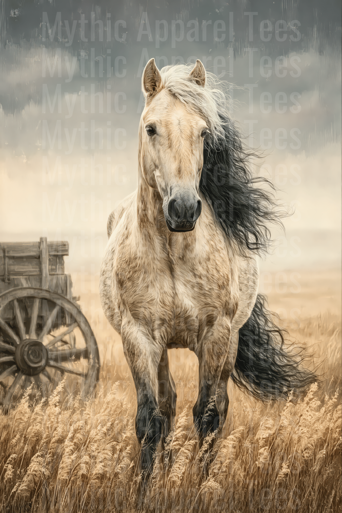 Majestic Dapple Gray Horse with Flowing Black Mane in Golden Prairie Field with Rustic Wagon