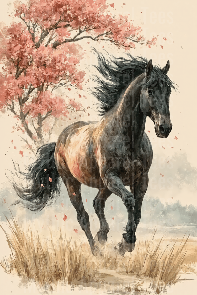 Majestic Dark Horse Galloping Through Autumn Field with Pink Blossom Tree Watercolor