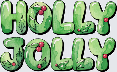 Holly Jolly Watercolor Green Bubble Letters with Holly Berries Christmas Saying