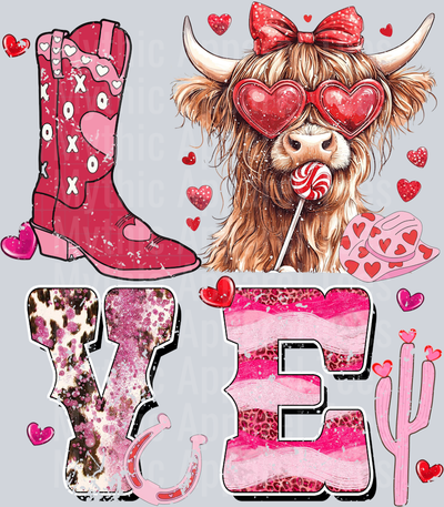 LOVE Western Highland Cow DTF Valentines Day Transfers
