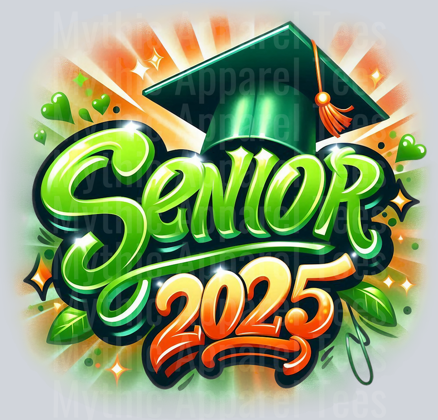 0016 Senior 2025 Airbrushed Orange and Green DTF 2025 Senior Graduation Transfers