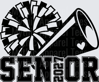 Senior 2025 Cheer Pom Pom and Megaphone with Heart Black and White Bold Letter Design