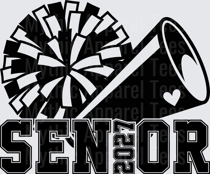 Senior 2025 Cheer Pom Pom and Megaphone with Heart Black and White Bold Letter Design