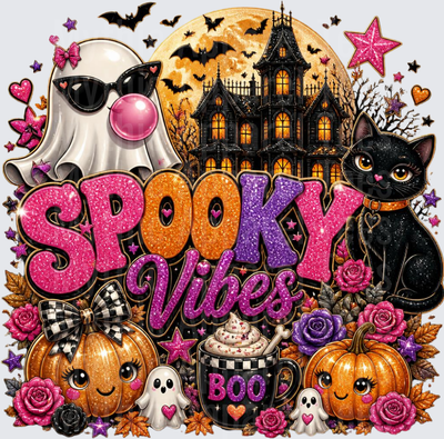 Halloween Spooky Vibes Ghost Black Cat Haunted House Boo