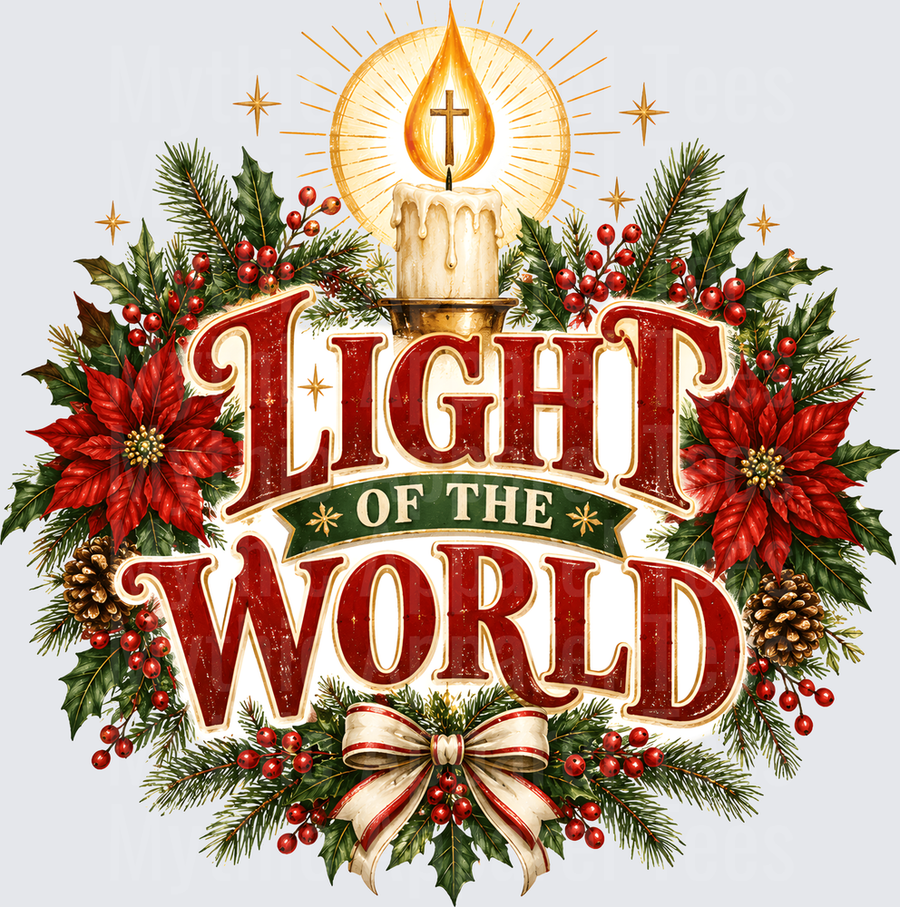 Light of the World Christmas Candle Cross Poinsettia Holly Wreath Religious Holiday Design