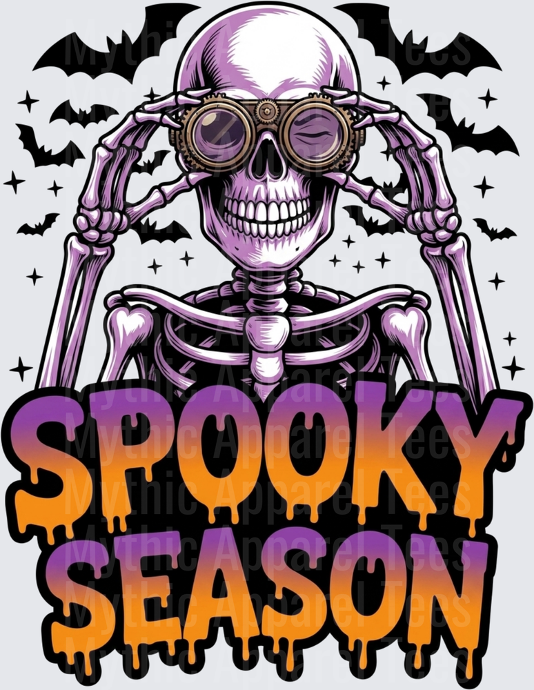 Purple Skeleton with Steampunk Goggles Spooky Season Halloween Bats Drip Text